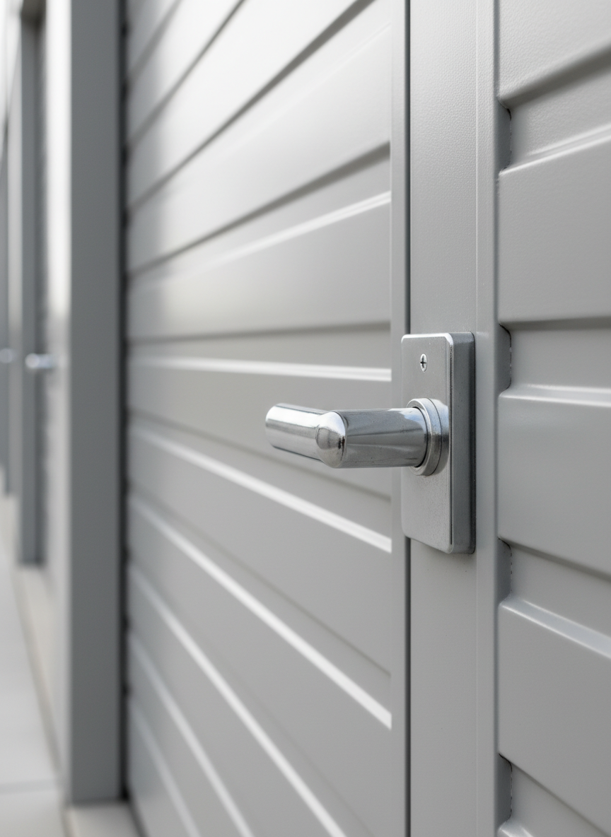 A close-up, detailed view of a robust garage door lock and handle set into a smooth, light gray metal door, showing subtle brushed texture and perfectly aligned seams. The lock cylinder and handle are chrome with a soft satin finish, catching reflected daylight in clean highlights. In the softly blurred background, the linear rhythm of other identical doors suggests a secure, well-maintained row of rental units. Captured at slight angle with shallow depth of field, the image emphasizes safety, quality, and professional maintenance. The lighting is neutral midday daylight, creating a calm, trustworthy mood in a minimalist, corporate photographic style.