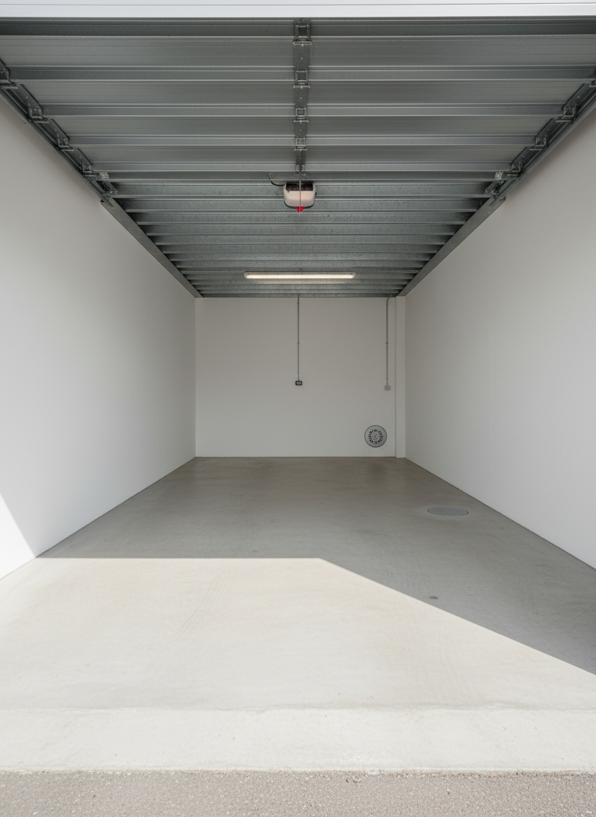 The interior of an empty, well-kept garage box with a smooth, light concrete floor and immaculate white side walls, illuminated by the natural light streaming in from the open entrance. The ceiling features neat metal beams and a simple, functional ceiling light fixture, all in neutral tones. At the far end, a small, clearly labeled electrical outlet and a tidy drainage point signal practical usability. The composition is shot from just inside the doorway looking inward, with strong linear perspective leading to the back wall. The atmosphere is clean, quiet, and efficient, underscoring low-maintenance, owner-managed storage in a realistic, professional photographic aesthetic.