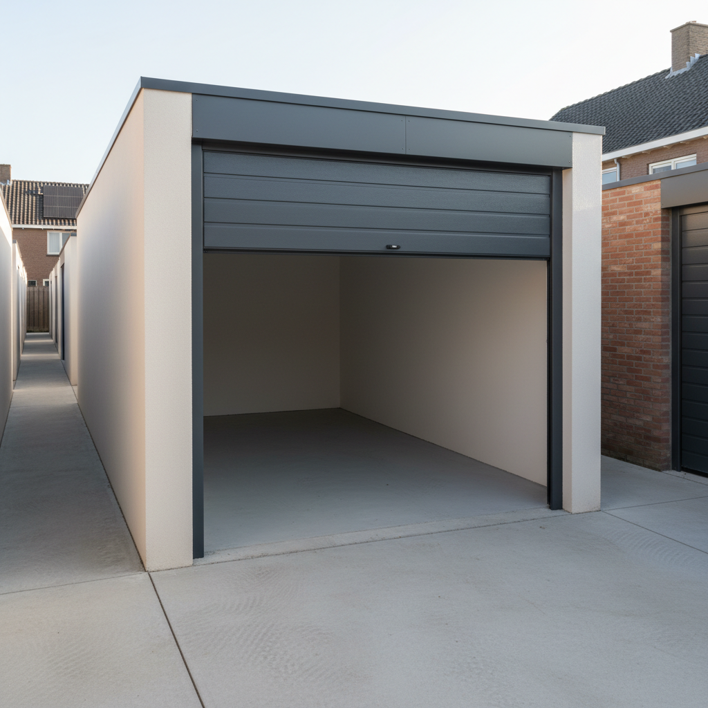 A single, freshly painted garage box with a smooth, anthracite sectional door partially open, revealing an empty, spotless interior with light concrete floor and white plastered walls. The unit sits in a compact, well-organized courtyard of similar boxes, bounded by a low brick wall that hints at a suburban Dutch village setting. Soft late-morning natural light enters from the side, creating gentle shadows and subtle highlights on the textures. Shot from a three-quarter angle with sharp focus throughout, the photograph feels calm, secure, and practical, emphasizing affordability and readiness for use in a clean, professional visual style.