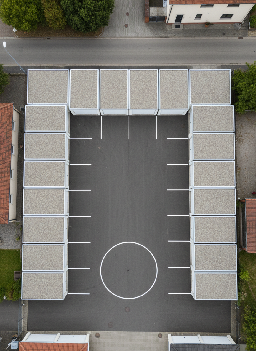 An overhead, bird’s-eye view of a small complex of garage boxes arranged in a tidy U-shape, each box topped with flat, light gravel roofs and fronted by uniform white doors. The central courtyard is a clean, asphalt surface with clearly marked turning space and no clutter. Neutral, diffused daylight from an overcast sky ensures soft, consistent lighting with minimal contrast, reinforcing a corporate, orderly feel. The surrounding area lightly visible at the frame edges suggests a residential village street with trees and tiled roofs. The photographic composition focuses on geometry, symmetry, and structure, highlighting the organized layout and easy access of the rental boxes.